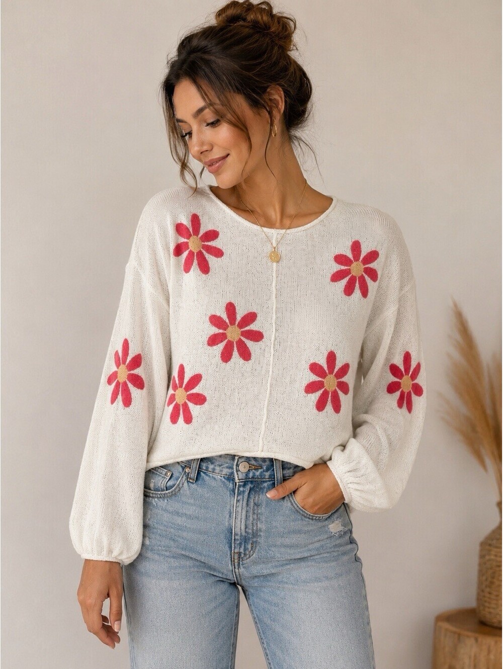 POL Anthropology Oversized Daisy Open Knit Sweater Cream Boho Cottagecore S